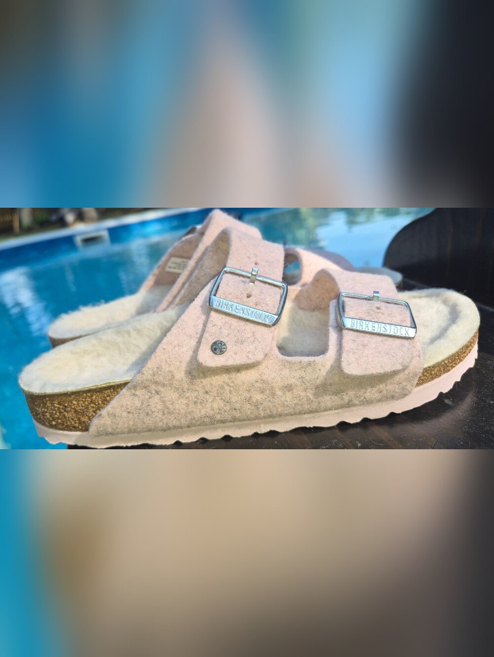 Light pink Birkenstock Arizona Wool slip-on sandals w/ double adjustable buckles